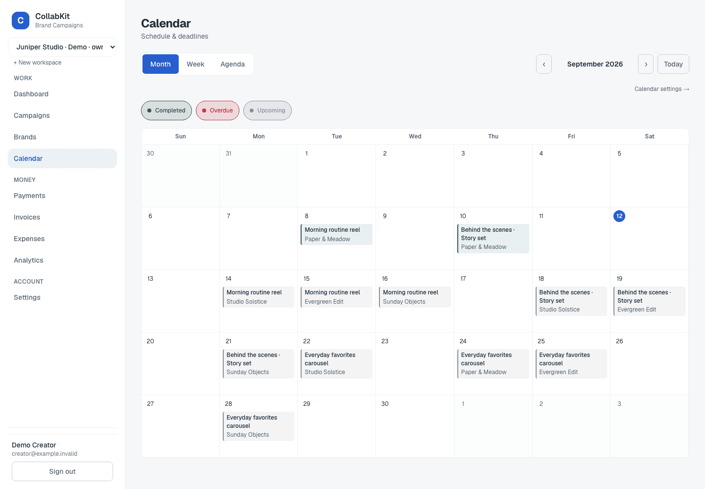 The demo content calendar with fictional brand campaigns scheduled throughout the month.