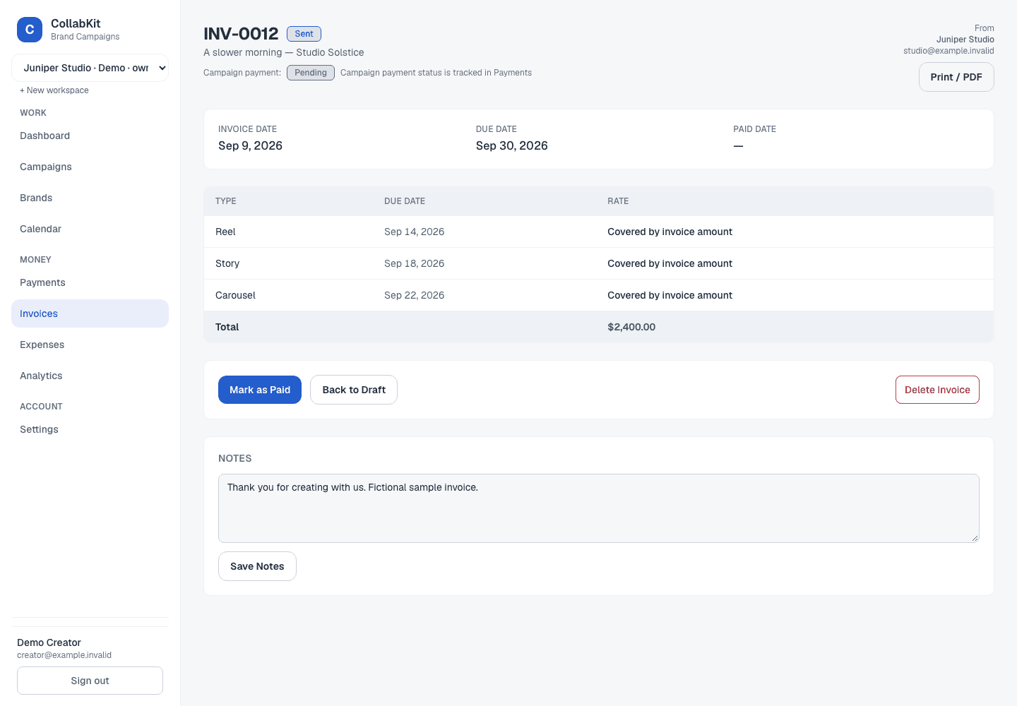 A sample CollabKit invoice for a fictional brand partnership, showing deliverables, an agreed amount, and payment status.